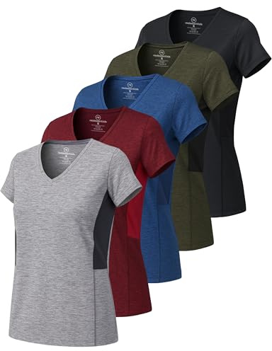 Real Essentials Damen Sport-T-Shirt, kurzärmelig, V-Ausschnitt, Dry-Fit feuchtigkeitsableitendes Yoga-Top (erhältlich in großen Größen), 5er-Pack | Erhältlich in Übergröße, kurzärmelig, feuchtigkeitsableitend, Stretch, Activewear, Laufen, Wandern, Tennis, Pickleball