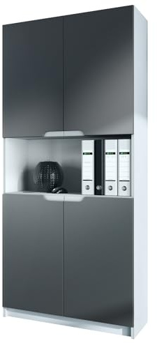 Vladon Büroschrank Logan V2, Made in Germany, Aktenschrank mit 5 Fächern und 4 Türen, Weiß matt/Graphit seidenmatt (82 x 184 x 37 cm)