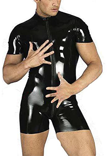 SMGZC Herren Sexy Glänzend PVC Leder Latex Halbarm Shorts Catsuit Body Enger Overall Reißverschluss Playsuit Wet Look Nachtclub DS Bühnenkleidung (L)
