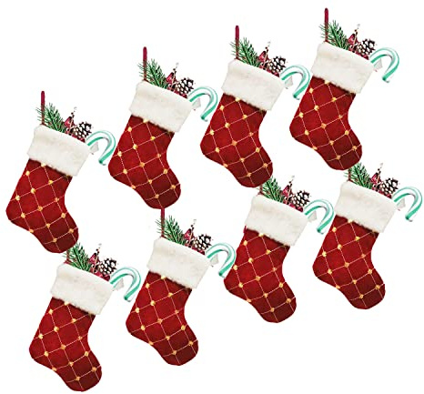 RXXR 8 Stück Weihnachtsstrumpf Set mit Plüsch 23 cm Glitzer runde Punkte Pailletten Geschenkbeutel Nikolausstiefel Weihnachtssocken Dekoration für Weihnachtsbäume, Treppen, Kamine Set