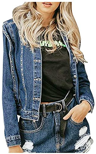 JOYISURE Damen Jeansjacke mit Niet Einreihige Dunkelblau Denim Jacket Dünne Übergangsjacken Revers Raglanärmel Jeans Coat Lange Ärmel Fahrradjacke für Frauen Kurz(Blau,L)