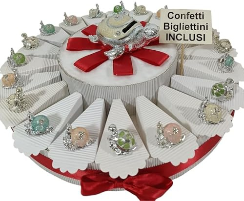 Torta bomboniere cresima salvadanaio tartaruga e animaletti d'appoggio argentati misti confetti e bigliettini inclusi
