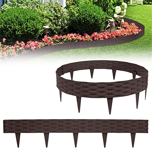 Yznahre Beetumrandungen Rasenkante Rattan-Optik, 30M Beeteinfassung Zaun Gartenpalisade Mähkante Flexible Garten Rasenkanten aus Kunststoff 20 cm Hoch, Braun (30 x 100cm)