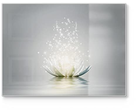 DEQORI Schneidebrett aus Glas | groß 40x30 cm | Motiv Funkelnde Lotusblüte | Design Schneideplatte für Küche | Frühstücksbrett antibakteriell & rutschfest | Glasplatte & Servierplatte