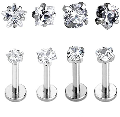 Piercing Labbro Acciaio Chirurgico Bottone Trago Helix Cartilagine Orecchio Piercing Argento 4 Pezzi
