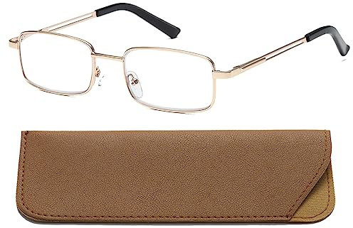 Hubeye Gafas de lectura para hombres marcos rectangulares de acero inoxidable bisagra de resorte Anteojos Anti luz azul con Funda de cuero 1.50