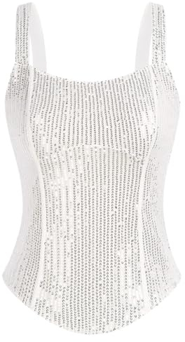 Women Bustier Corset Top Sexy Slim Tank Top Clubwear Silver White Sequin Summer Sleeveless Party S