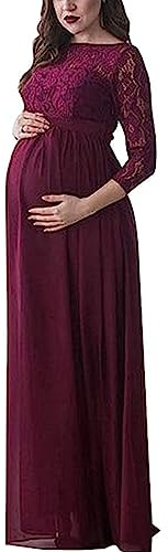 Miolasay Maternity Dress for Photography Chiffon Off-Shoulder Elegant Gown Front Split Long Pregnancy Dresses for Photoshoot (B-Red, L)