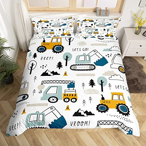 Ensemble de Literie de Voiture de Dessin Animé Ensemble de literie de Construction Housse de Couette 200x200cm Ensemble Enfants Garçon équipement camion Literie Excavatrice Tracteur Blanc Jaune