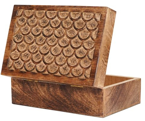Carved Scallop Mango Wood Box with Lid - Medium Burnt Large Wooden Box - Handmade Decorative Box with Lid for Use As Memory Box, Keepsake Box, Photo Storage Box, and more - 9” x 6” x 3.5”