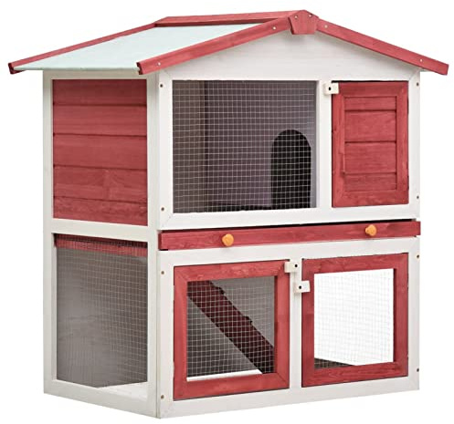 BAZZI Kaninchenstall mit 3 Türen, Hasenstall in Rot, Freigehege für Kaninchen und Meerschweinchen, Hasenhaus, Kleintierhaus, Hamsterkäfig, Aus Holz