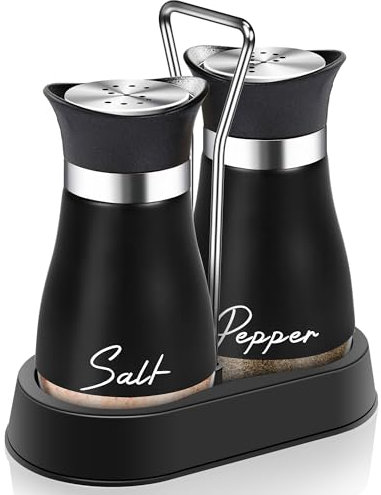 Black Salt and Pepper Shakers Set with Holder,4 oz kitchen accessories and decor for Restaurant, Wedding, Housewarming Gifts Refillable Design (Black)