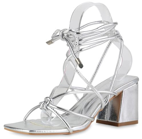 VAN HILL Damen Riemchensandaletten Blockabsatz Basic Party Schuhe 214334 Silber 38