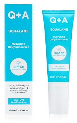 Q+A Crème Solaire Quotidienne Hydratante au Squalane SPF 50 : Absorption Rapide, Non Collante, Protection UVA/UVB à Large Spectre, Avec Squalane Naturel & Huile de Limnanthes, 95% Naturel, 50ml