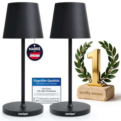 charlique® LED Akku Tischleuchte - kabellos, 2er Set, schwarz 28 cm, dimmbar, Alu