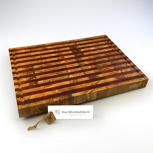 DAS OLIVENHOLZBRETT® / Exklusives Olivenholz Mosaik & Stripes Schneidebrett mit Saftrille / Luxus Hirnholzbrett aus Olivenholz / massiv / rechteckig / Saftrinne (49cm x 35cm x 4,5cm)
