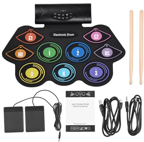 Btuty Elektronisches Schlagzeug Elektronisches Schlagzeug 9 Pads Eingebauter Stereo-Lautsprecher mit Stäbchen Pedal Geburtstagsgeschenk für den Urlaub Schlagzeug-Set mit farbigem Pad