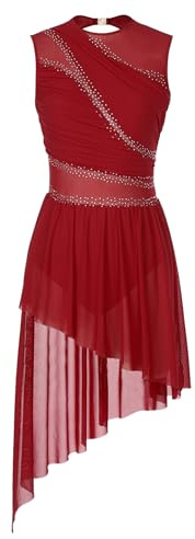 Miutii Abito da donna per pattinaggio su ghiaccio, senza maniche, con glitter, abito da balletto con gonna asimmetrica, lirico, abito da danza moderna e contemporanea, rosso vivo, M