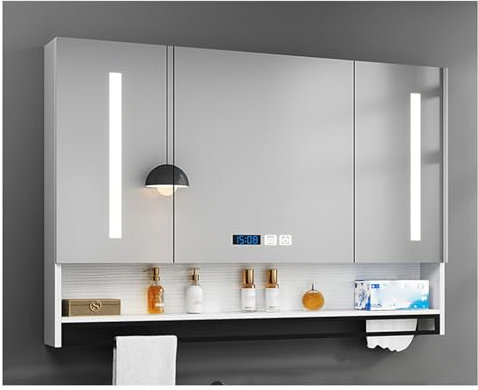 Spiegelschrank,Badschrank,Hängeschrank mit Spiegeltür,Badezimmerspiegel Wandschrank，spiegelschrank Bad mit LED Beleuchtung，Badezimmerschrank Hängend，Beschlagfrei，Weiß(B,W100*H80cm/W39.4*H31.5in)