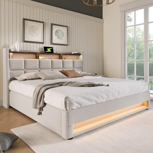 KEYIDE Polsterbett 140x200, LED Doppelbett mit Stauraum und Lattenrost, Kopfteil mit Staufach und USB-Ladefunktion, Hydraulisch Stauraumbett Rückenlehne Bettgestell, Ohne Matratze (Beige, 140x200)