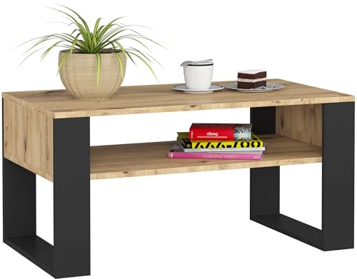 AKORD Mesa de Centro DOMI, Roble Artisan, 92 cm, Frontales Negros Mate, 92x53x45 cm