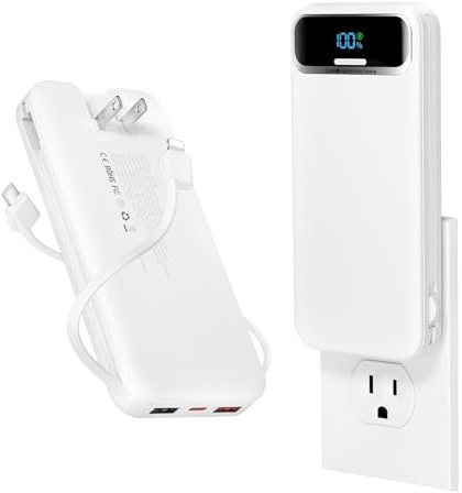 aonidi Portable Charger 12000mAh with Built-in Cables&AC Wall Plug, White