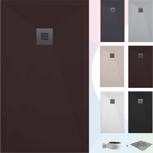 SOULBATH Plato de Ducha - Resina - Gel Coat - Textura Liso/Piedra - Antideslizante - Color Chocolate - 150x90- Extraplano 3cm. Incluye Válvula de desagüe - Standard
