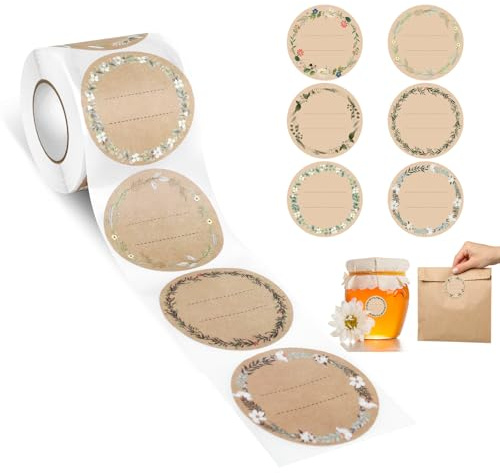 AiQInu Etichette Adesive per Marmellate,500 Pezzi Etichette Marmellata Adesive in Carta Kraft, Etichette Autoadesive Marmellate Per Barattoli Di Spezie, Bottiglie,Sacchetti Regalo, Buste