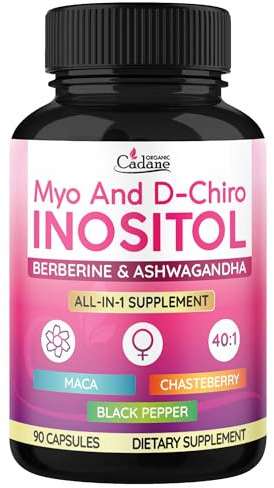 Organic Cadane Myo & D-Chiro Inositol Supplement | Formula with Ashwagandha, Maca, Chasteberry, Berberine & Black Pepper | Supports Women's Balance & Wellness | Vegan, Non-GMO - 90 Capsules