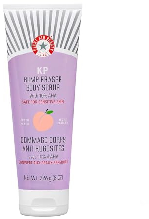 First Aid Beauty - KP Bump Eraser Body Scrub with 10% AHA, Keratosis Pilaris Exfoliator with Glycolic and Lactic acids, Helps Reduce Chicken Skin Bumps, Safe for Sensitive Skin, Peach Scent (8 oz)