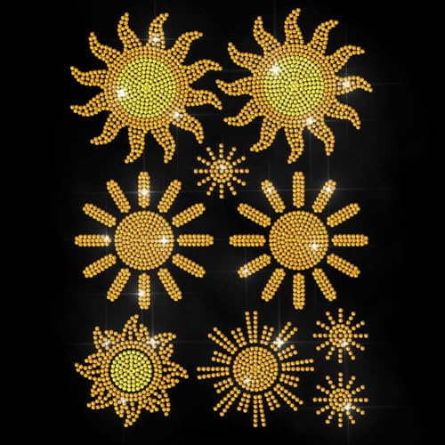 MAYJOYDIY Goldene Sonne Strass Aufbügler Himmel Sonnenschein Wärmetransfer-Aufkleber Sonnenstrahlen Glänzende Hot Fix Strass Transfers Diamant Aufbügleraufkleber Für Hemden Taschen Hüte Jacken Jeans