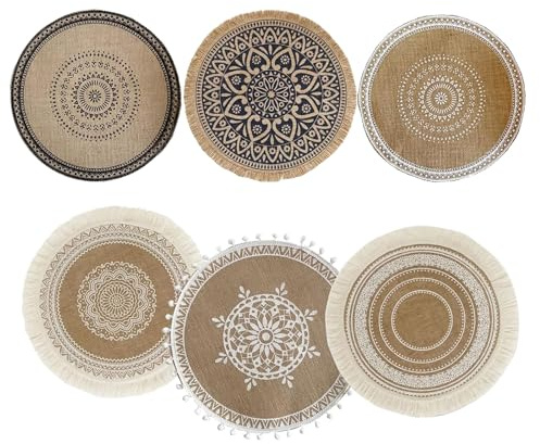 Xusxes 6er Set Gewebte Tischsets Rund 38 cm Boho(A) | Runde Platzsets aus Jute mit Mandala Quaste, Hitzebeständige Essmatte, Tischuntersetzer für Esstisch, Küche, Restaurant
