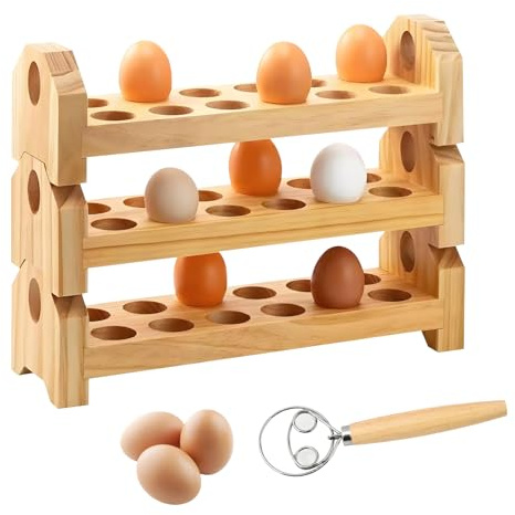 Bamboo Egg Holder Countertop, 3-Tier Egg Organizer Farm-Fresh Egg Container Display Rack for Farmhouse Kitchen Refrigerator Stackable Design for 36 Eggs