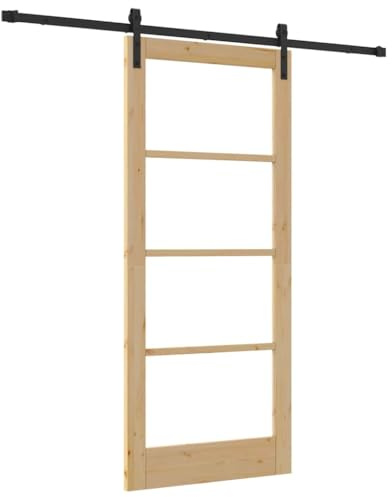 vidaXL Schiebetür Orkdal mit Beschlagsatz Massivholz & Glas Natur und Schwarz 86x198.5 cm Drinnen für Schlafzimmer Wohnzimmer Verstellbare Komponenten Innen Modern Matte Finish Kiefer