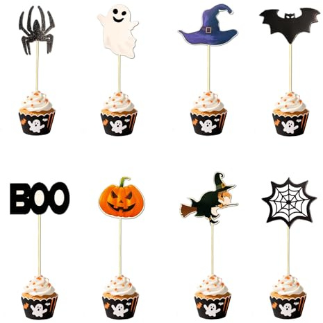 48 Pcs Halloween Cake Decorations - Glitter Cupcake Toppers with Pumpkin, Bat, Ghost, Witch, Spider Design for Halloween Theme Party, Baby Shower Kids Birthday Party Supplies