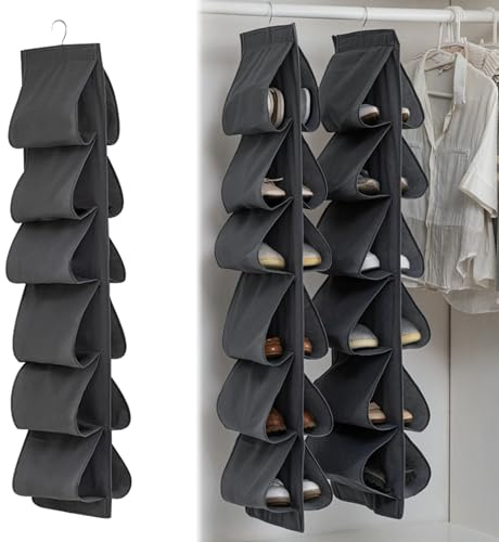 YALiya Organizer per Scarpe da Appendere, Con 24 Tasche Profonde | Portascarpe Salvaspazio, 2 con Gancio, Organizer da Appendere alla Porta per Campeggio, Armadietto, Dormitorio e Camper, Nero