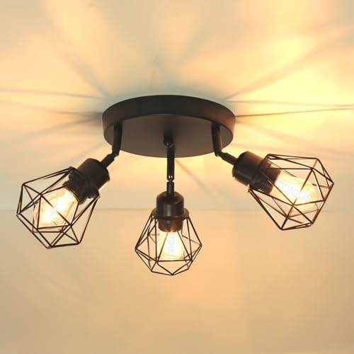 TOKIUS 3-flammig Deckenleuchte Vintage Industrial Deckenstrahler LED Deckenlampe E27 Lampe Eisen Lampenschirm Schwarz Verstellbare Wandleuchte Deckenspots für Küche Wohnzimmer Schlafzimmer (Rondell)