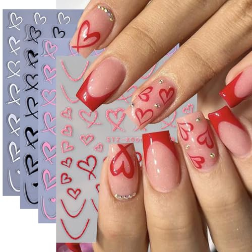 Muorruo 4 Bögen Herz-Nagelsticker – Wellenlinien-Nageldesign, 3D-selbstklebende, hohle, pfirsichherzförmige French-Nagelsticker für Frauen, Valentinstagsgeschenk, Nageldekoration