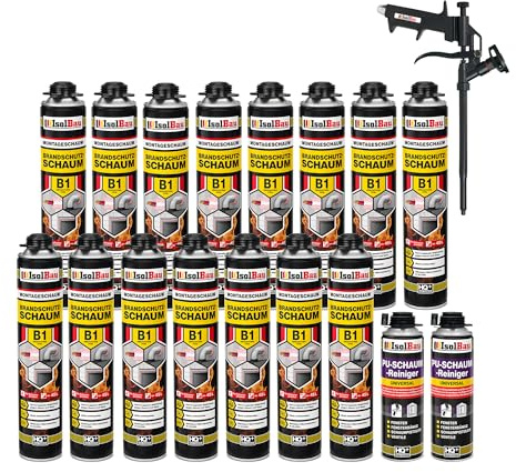 Isolbau - Bauschaum B1 - Montageschaum - PU-Schaum 15 x 750 ml - Pistolenschaum, 2 x PU-Schaum-Reiniger & 1 x Schaumpistole - 1K Brandschutzschaum - Dämmschaum - Abdichtung, Wärmedämmung