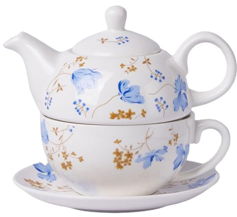 DECHOUS Service à Thé en Céramique Bleu Orchidée Petite Théière et Tasse Anglaise avec Soucoupe Résistant à la Chaleur pour Bureau Maison et Salon de Thé – Ensemble 2 Pièces