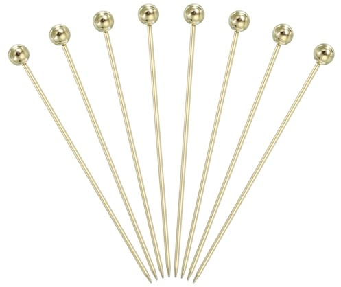 QUARKZMAN 8 Pc Spiedini in Acciaio Inox per Cocktail 4.25 Spiedini Martini Stuzzicadenti in Metallo Riutilizzabili per Bevande Olive Antipasti Frutta Decorativi Oro (Perline Perle)