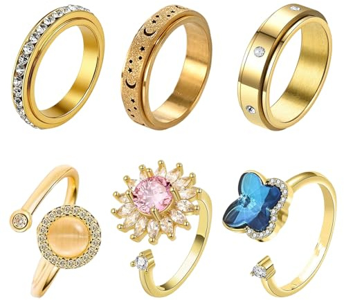 MLPKOI 6 Pièces Bague Anti Stress Femme Dorée, Bague Anti-Stress, Spinner Ring, Bbague Ouvert pour Anti Stress Réglable, Bagues pour Cadeau d'Anniversaire Noël (Or)