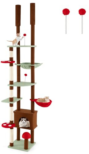 COSTWAY Arbre a Chat Plafond, H207-237 cm/247-277 cm Réglable, Arbre a Chat Design XXL, 6 Plateformes, 6 Poteaux à Griffer en Sisal, Condo, Panier, Hamac, 2 Pompons (207-237 cm/247-277 cm,Multicolore)