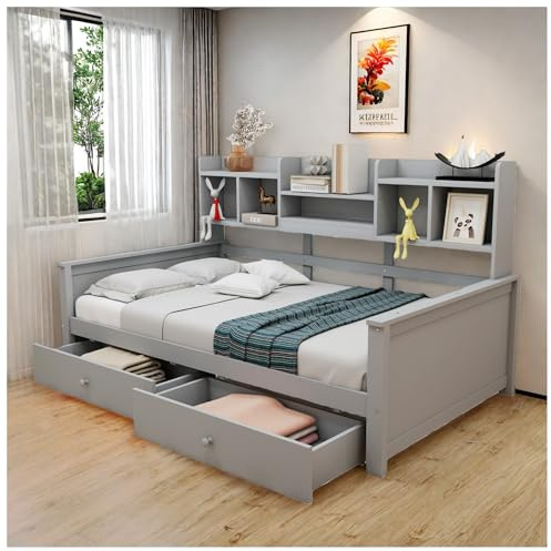 Wyibwy Letto singolo 90x200 con cassetti e ripiani, rete a doghe, letto per bambini e ragazzi, divano letto in legno, senza materasso (Grigio)