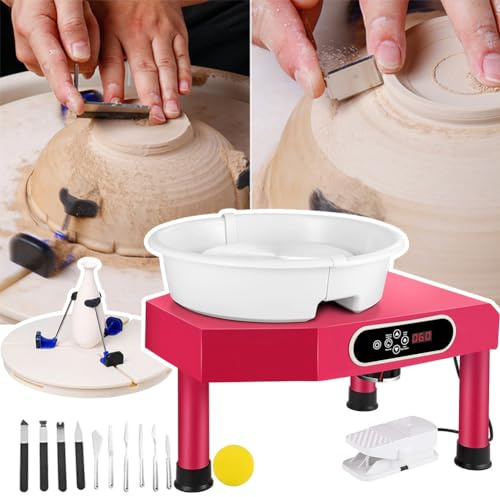 simprueH 25cm Pottery Wheel with Foot Pedal & LCD Screen & Adjustable Turntable Clamp - 9.8 Electric Ceramic Machine for Studios, DIY Projects (Pink)