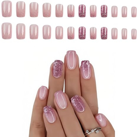 24 Pz Unghie Press On Rosa Sfumato Glitter Acriliche 24 Pezzi, Unghie Finte Adesive French Quadrato Ballerina, Arte Per Unghie Acrilico Donna Ragazze, Nail Art Decorazione