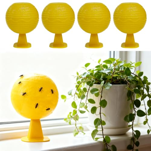 Armo® Sticky Fruit Fly Trap Balls For Indoor Plants 4 x Yellow Gnat Catcher With Suction Cup Stand For Household Kitchen House Plants