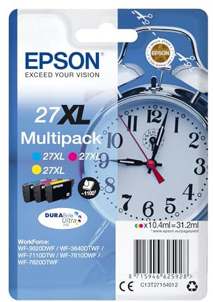 Epson Original 27XL Tinte Wecker (WF-3620DWF, WF-3640DTWF, WF-7110DTW, WF-7210DTW, WF-7610DWF, WF-7620DTWF, WF-7710DWF, WF-7715DWF, WF-7720DTWF), Multipack 3-farbig