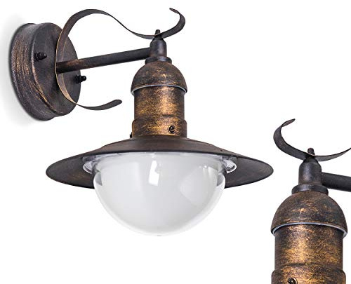 Außenwandleuchte Broni, Wandlampe abwärts in antikem Look aus Metall u. Kunststoff in Braun/Gold, Wandleuchte m. E27-Fassung, Retro/Vintage Außenleuchte für Terrasse u. Hof, ohne Leuchtmittel