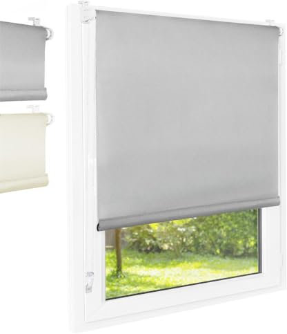 FOXX Thermo Rollo [FÜR Fenster OHNE Bohren] 50x140 cm Grau/Innenrollo Verdunklungsrollo als Sichtschutz/Klemmfix Montage/Für Schlafzimmer, Wohnzimmer, Küche, Büro, Kinderzimmer